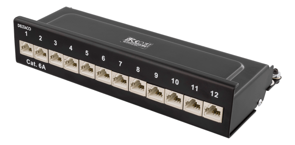 Kytkentäpaneeli, 12xRJ45, Cat6a, seinäasennus, 10Gbps, musta