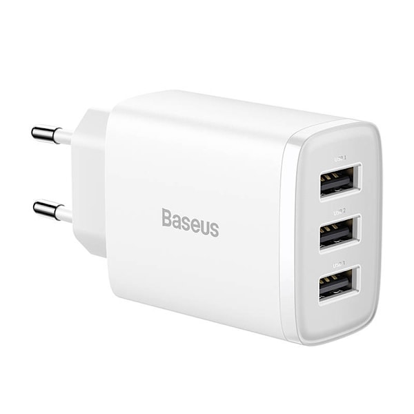 Baseus kompakt snabbladdare, 3x USB, 17W (vit)