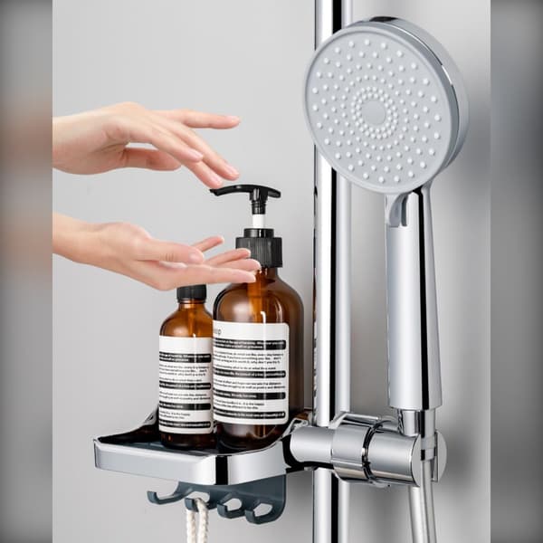 Shower Head Shelf Bracket with Storage Hooks ABS rail-mounted shower caddy kompatibelt med 18-26mm round rail Silver Silver