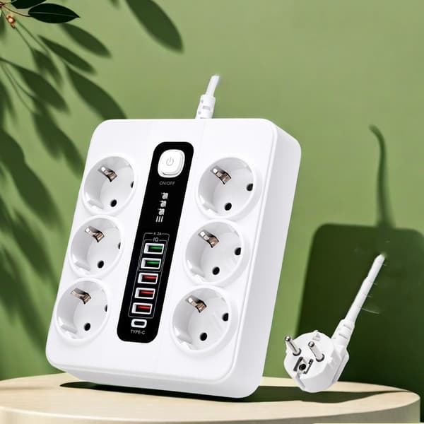 EU 6-stik, 5 USB-porte, 1 USB-C-port White White