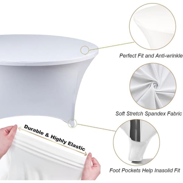 Vit Elastisk Rund Cocktailbordsduk - Polyester Spandex Bordsduk för Festevenemang 48 inch 48 inch