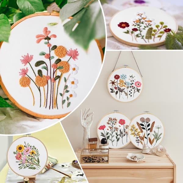 DIY Handbroderi Startpaket - 3 Set med Blommönster, Båge och Verktyg