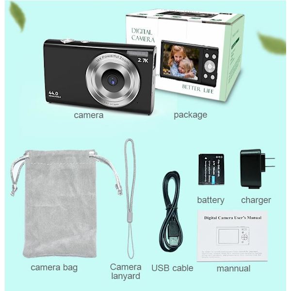 Digitalkamera 2.7K/44MP/16x Zoom/Anti-Shake/Webcam Svart