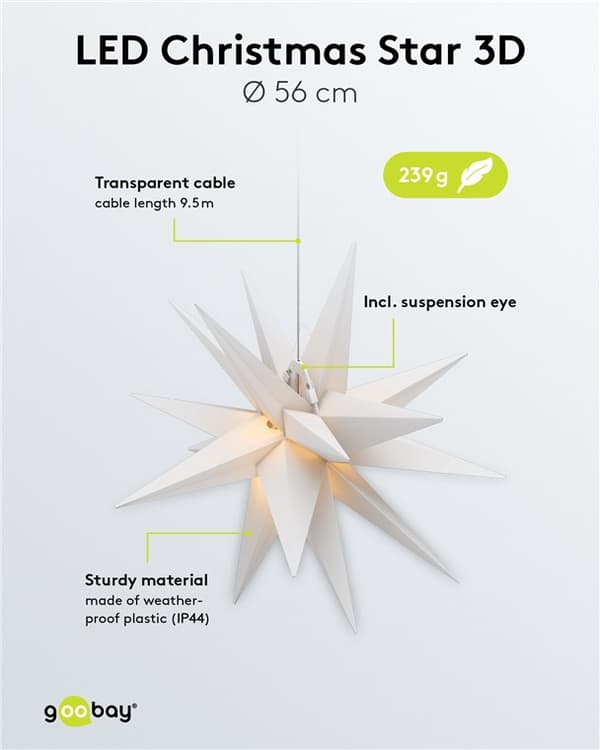 LED julestjerne 3D, Ø 56 cm, med netkabel