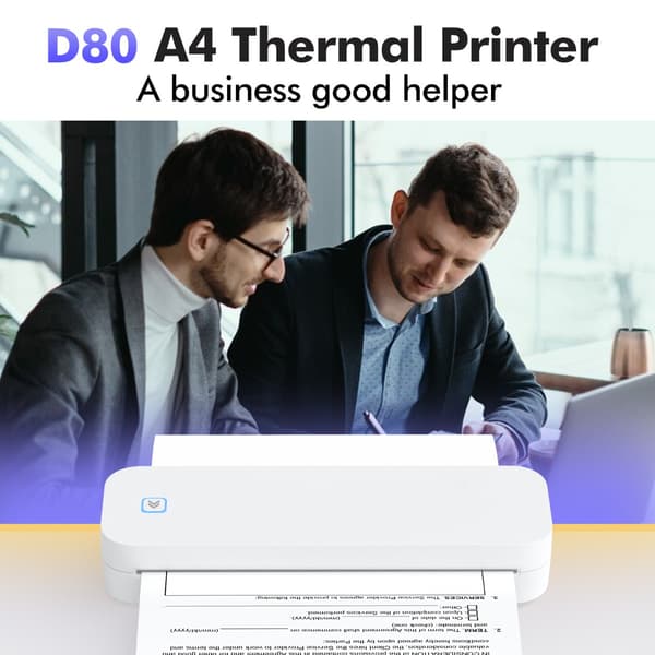 Bærbar A4 termisk printer D80 med blækfri A4-udskrift, Bluetooth, batteridrevet 5V/2A, kompatibel med iOS Android Windows MacOS White White