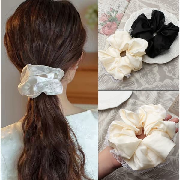 Scrunchie 2-pack volymgivande polyesterhårsnodd för ponytail och knut med fransk spets, högelastisk kärna, mjuk touch och fluffig form White White