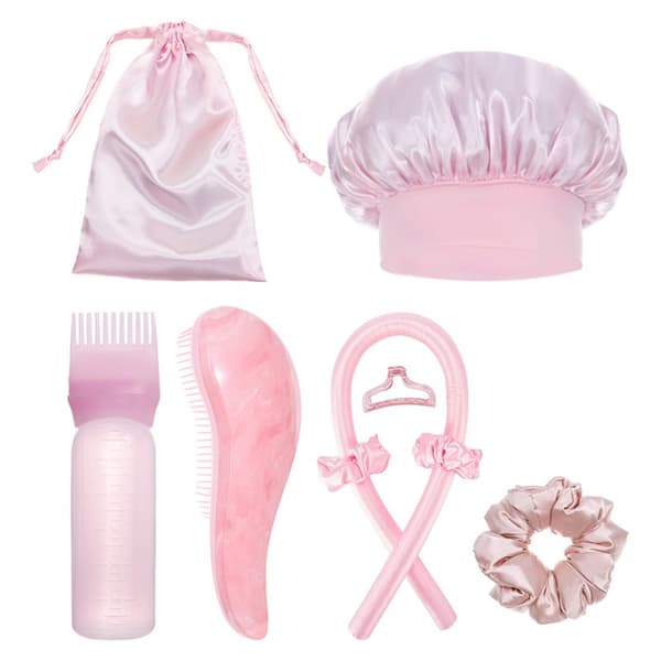 Värmefri hårlockare 9-delars set för övernattsstyling och vård – sovmössa, lockstav och kam, polyester+plast, prinsessrosa