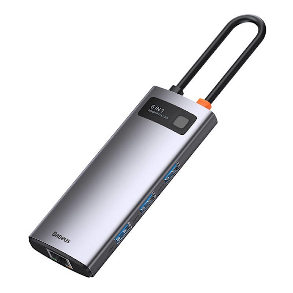 Hub 6in1 Baseus Metal Gleam Series, USB-C till 3x USB 3.0 + HDMI + USB-C PD + Ethernet RJ45
