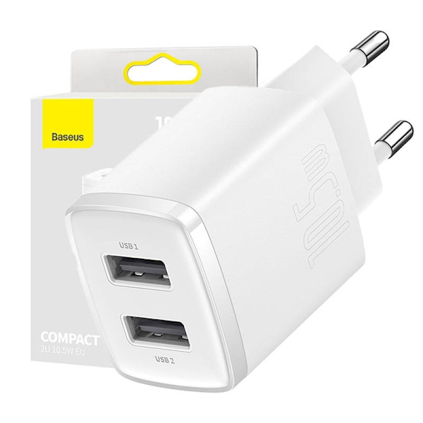 Baseus kompakt snabbladdare, 2x USB, 10,5W (vit)