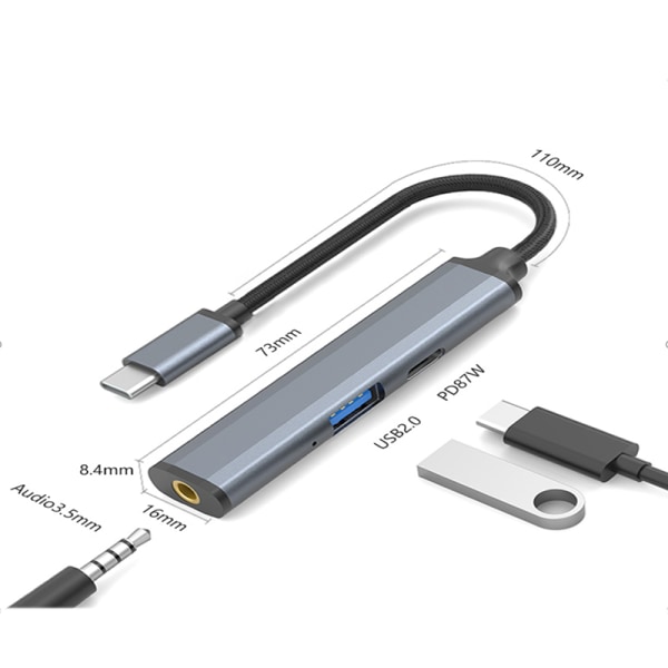 3-i-1 USB Type C dongeladapter med stabil dataöverföring Grå Grå