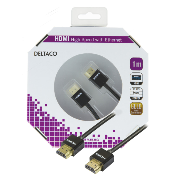 Thin HDMI cable, HDMI High Speed with Ethernet, 1m, black