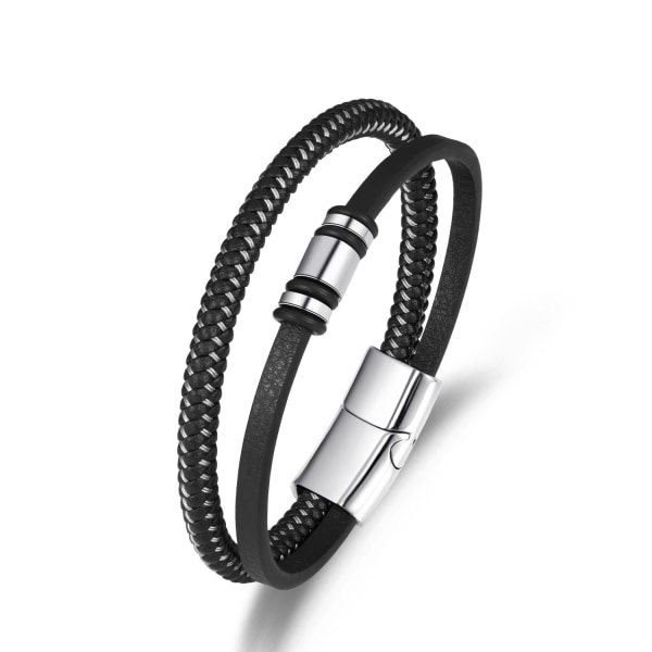 Flätat armband - svart läder & rostfritt stål