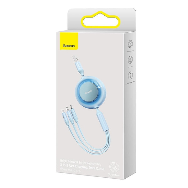 Baseus Bright Mirror 2, USB 3-i-1-kabel för micro USB / USB-C / Lightning 3.5A 1.1m (himmelsblå)