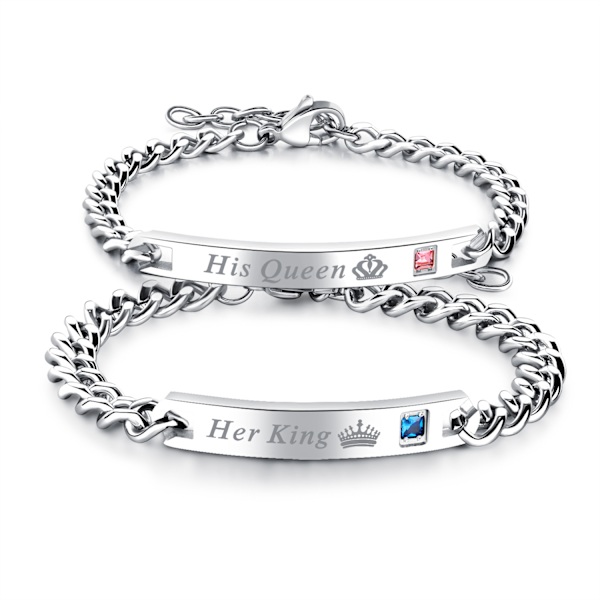 Pariskunnan rannekorut "His Queen" "Her King" Titanium Steel Hopea 2-osainen