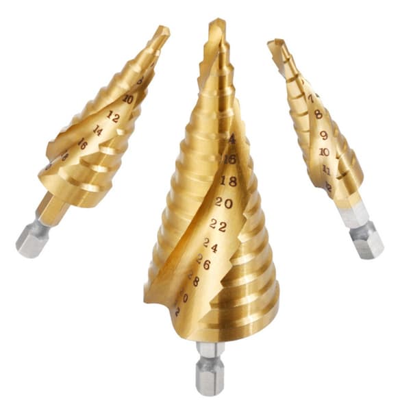 3-pack Hex Shank Spiral Borrsteg Center Punch Combo Set - Guld Titanium Belagd
