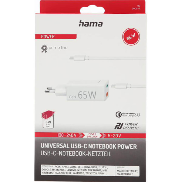 HAMA Universalladdare USB-C och USB-A PD GaN 5-20V/65W