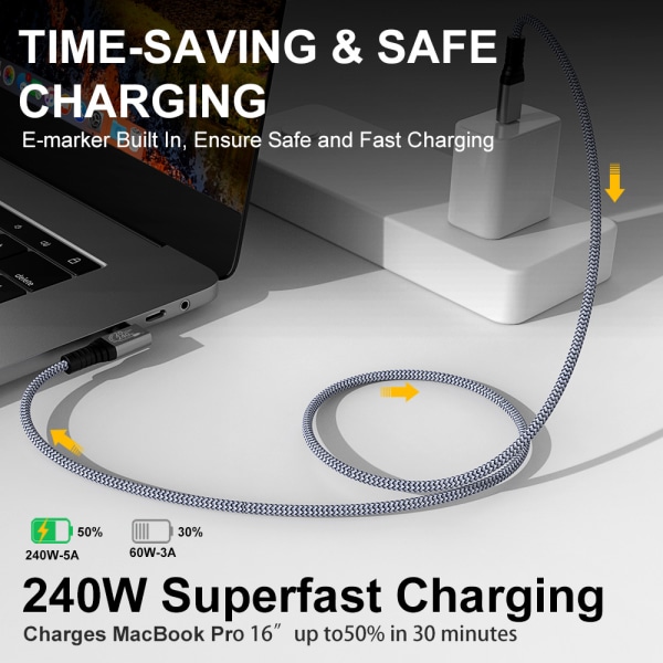 240W 90 graders rätvinkligt huvud GEN 2-USB 3.2-kabel USB-C hane-kabel 20 Gbps Flerfärgad 2 m