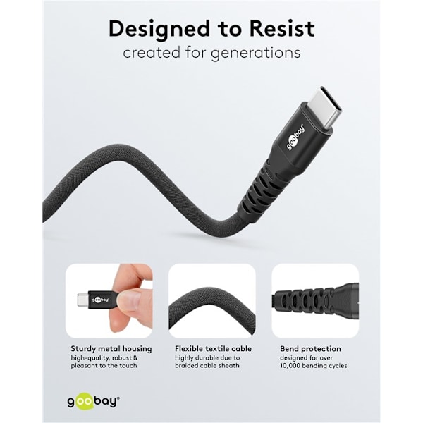USB-C™ supersoft textilkabel med metallkontakter, 2 m, svart