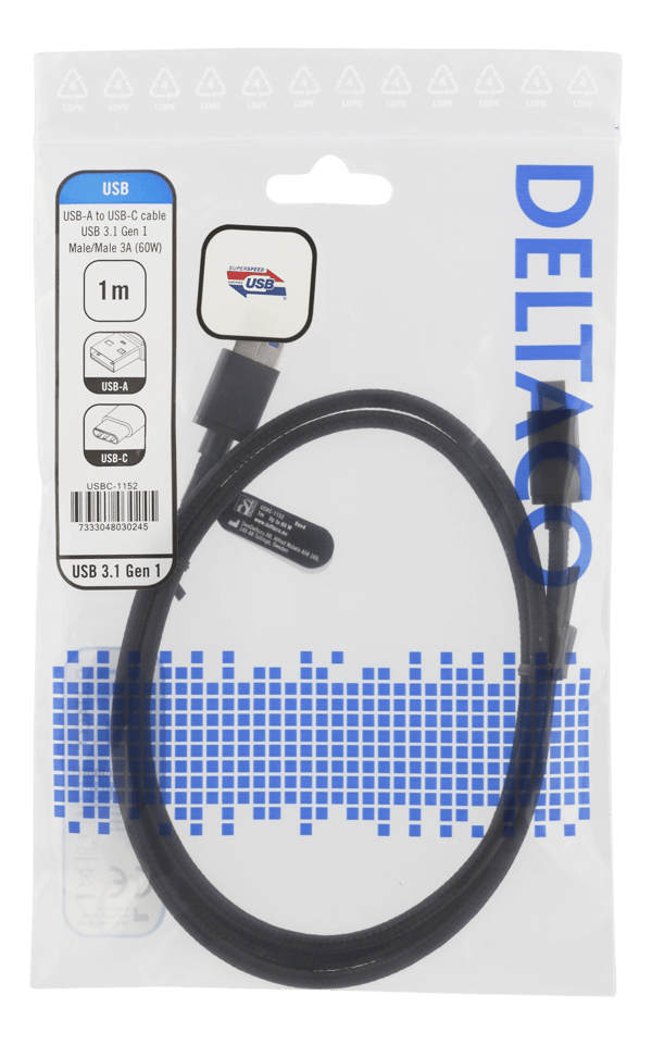 USB 3.2 Gen1 braided USB-A - USB-C cable, 1m, 3A 60W, black