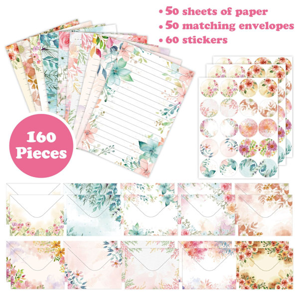 Set med blommigt brevpapper och kuvert - 160 delar