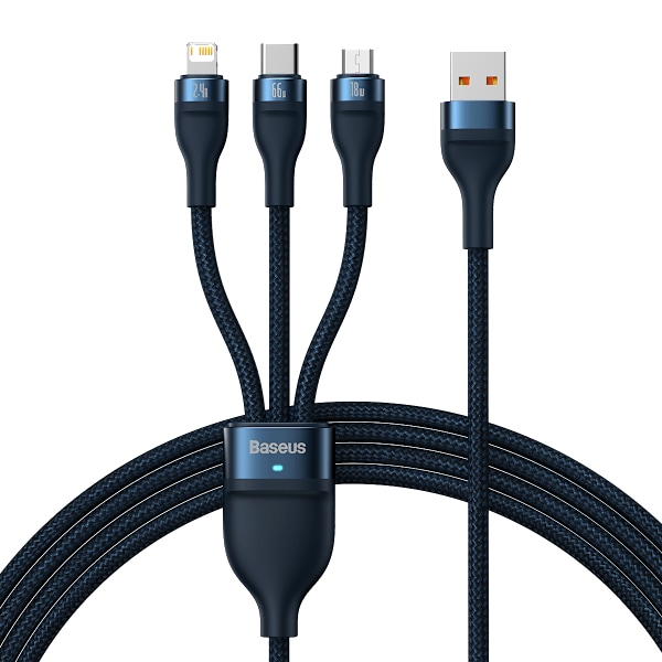 3-i-1 USB-kabel Baseus USB 3-i-1 Baseus Flash-serie, USB-C + Micro + Lightning 66W, 1,2 m (blå)
