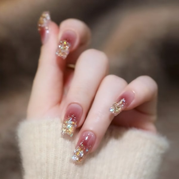 Tryck på falska naglar, gue on nails kit med nagellim Rosa + guld