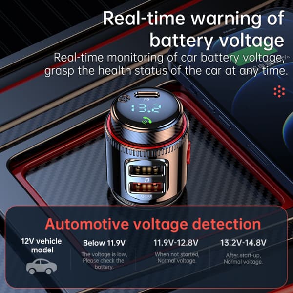 Bil Bluetooth MP3-transmitter med Bluetooth 5.3, PD30W hurtigopladning, dual USB smart oplader, FM-transmitter og USB audio til 12V-24V cigarettænder