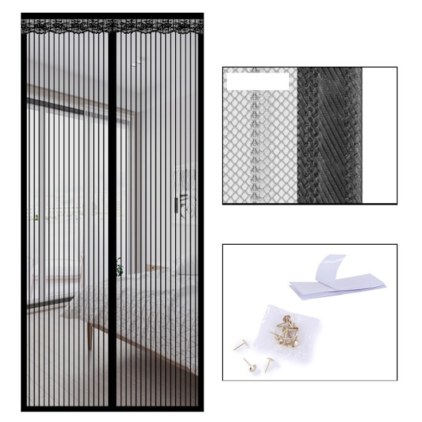 Magnetiskt skärmdörrsförhäng, randig polyester med 9 par spännen, 70 cm * 200 cm