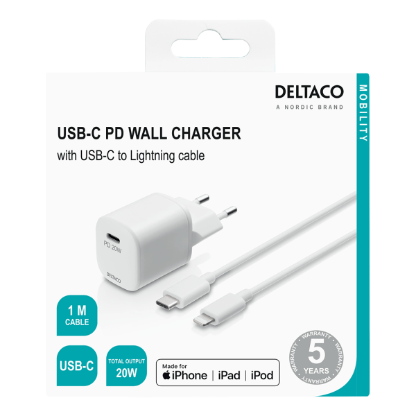 USB-C wall charger, 1 m detach. USB-C to Lightning cable, wh