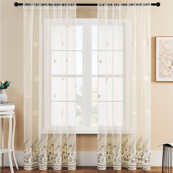Grå Broderad Blommig Skir Gardin - Stångficka Voile Panel för Vardagsrum, Sovrum M M