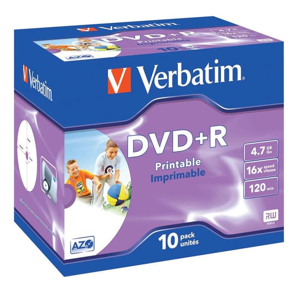 DVD+R, 16x, 4.7 GB/120min,10-pack jewel case, AZO, printable