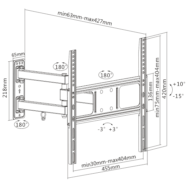 Full motion 3-way wall mount for monitor/tv, 32"-55", tilt
