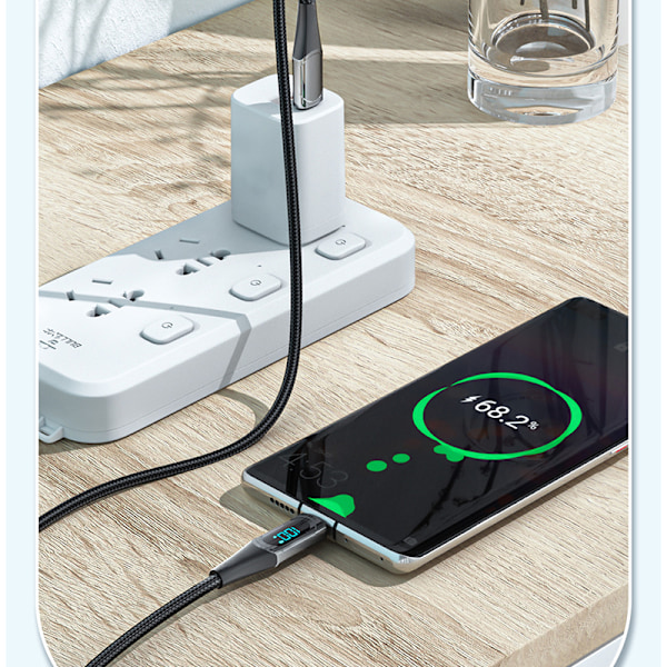 100W Digital Display USB-C Kabel - Flettet Sort 1M