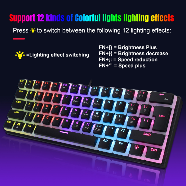 Kablet gaming-tastatur med 12 lystilstande, 61 taster, 21-tasters anti-ghosting