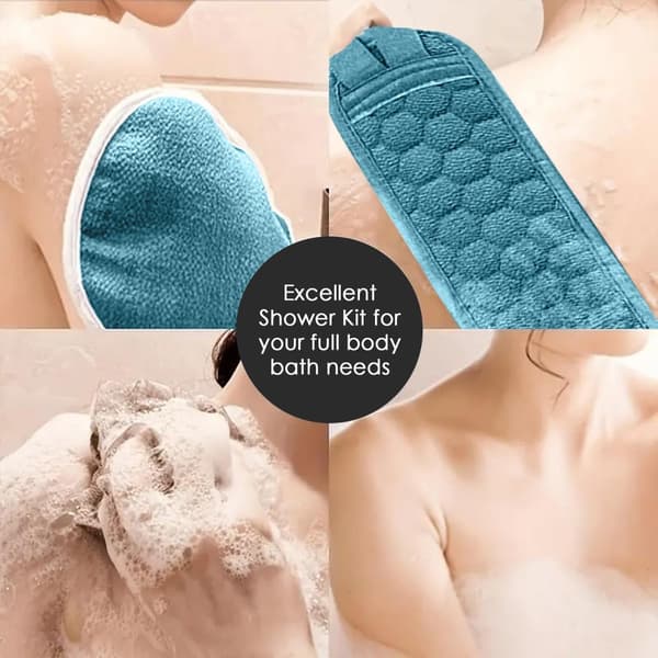 Exfolierande Badhandduksset med Växtfiber Kroppsskrubb, Ryggskrubb och Badboll Blue Blue