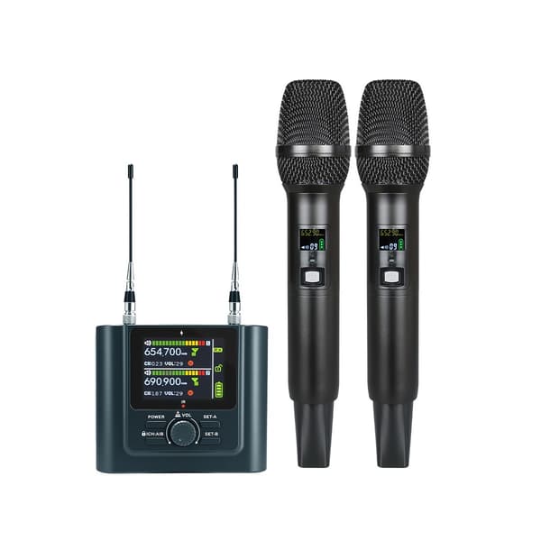 Trådlöst UHF-mikrofonset med mottagare, två dynamiska mikrofoner och Bluetooth 5.0
