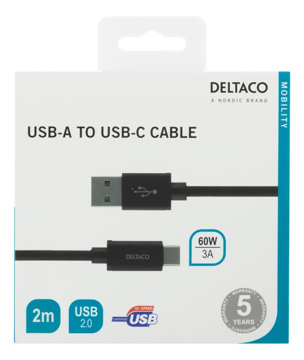 USB-A to USB-C cable, 2m, USB 2.0, braided, black