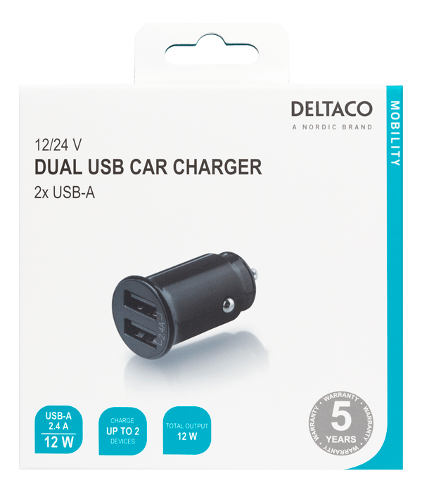 12/24 V USB car charger compact size and dual USB-A ports