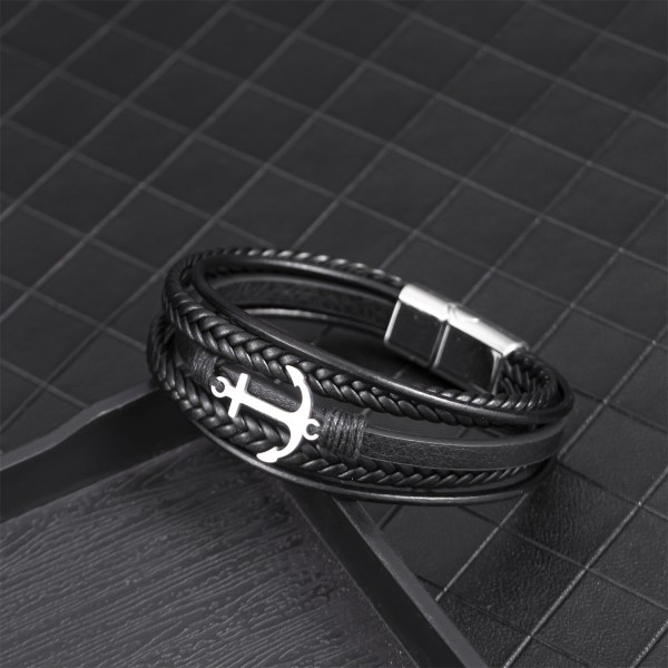Svart flätat läderarmband med ankare