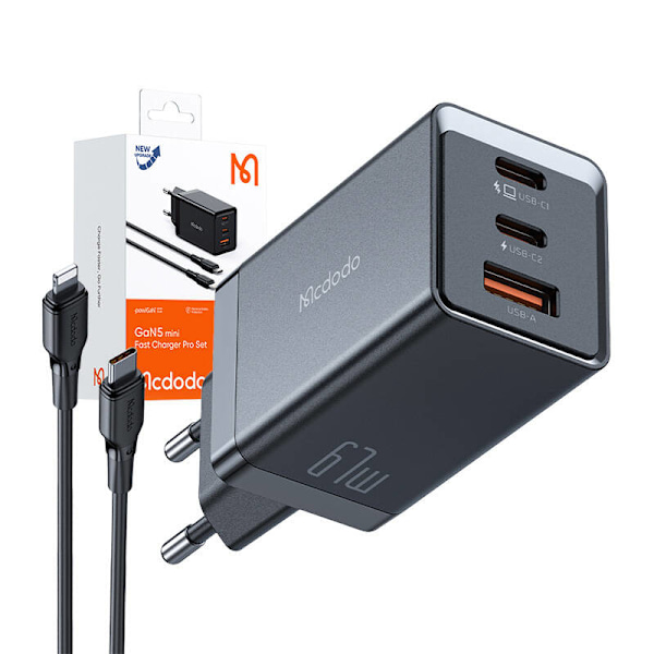 Mcdodo CH-1544 GaN väggladdare, 2x USB-C, 1x USB, 67W + USB-C till USB-C-kabel (svart)