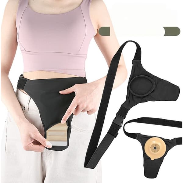 Ostomipåsfodral i svart polyester med midjerem, universal påsficka för gallavledning, skydd och diskret komfort