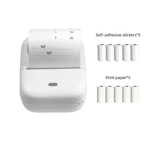 Mini Bluetooth termisk etiketprinter med 5 selvklæbende ruller, 5 papirruller, 203dpi og trådløs udskrivning White White