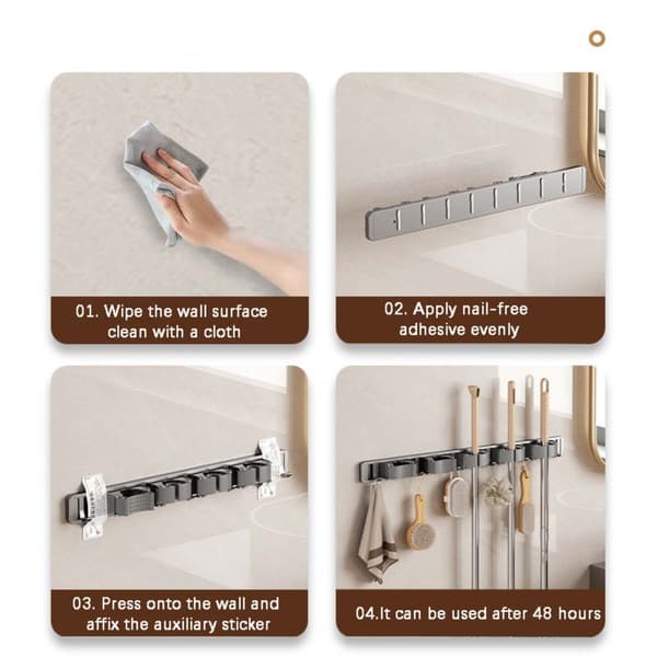 Wall-Mounted Broom Holder Silver 30cm 2 Clips 3 Hooks Mop And Broom Organizer