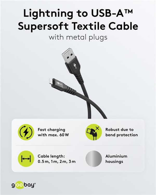 Lightning USB-A superblødt tekstilkabel med metalstik, 0,5 m, sort