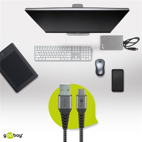USB-C ™ - USB-A Tekstiilikaapeli metalliliittimillä (avaruudenharmaa / hopea) 2 m