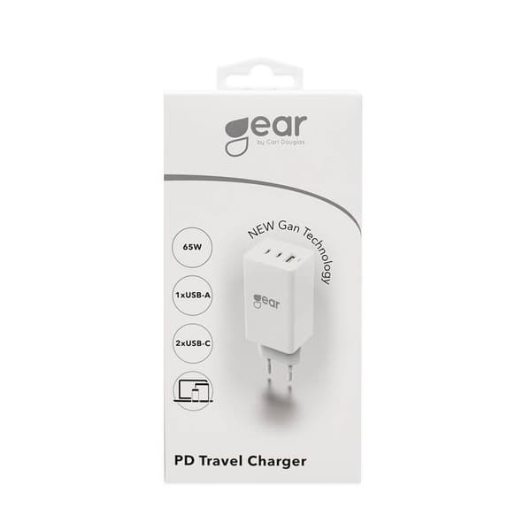 Lader GaN 220V 2xUSB-C + 1xUSB-A PD 45W + 18W + 3A (total 65W) Hvid