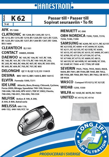 Vacuum cleaner bags K62