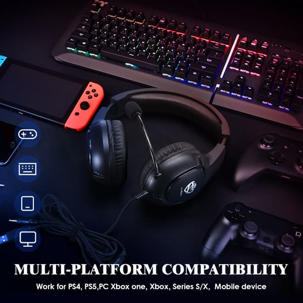 Trådbundet spelheadset svart single-plug med 1-till-2 ljudsplitterkabel och LED-belysning, kompatibelt med PS4, PS5, XBOX, SWITCH