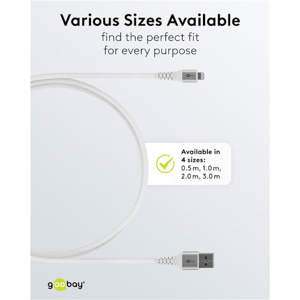 Lightning-USB-A supersoft textilkabel med metallkontakter, 2 m, vit