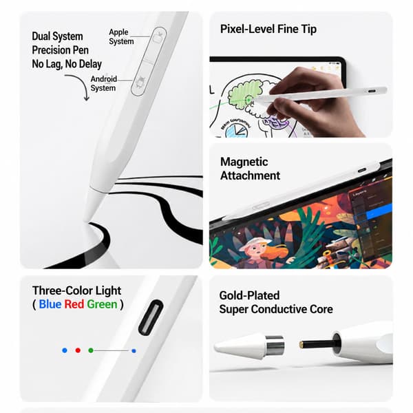 Styluspen dual-system til iPad 2018+ og Android-enheder til notater og tegning — 5mm præcis spids, USB-C hurtigopladning, 8 timers batteri